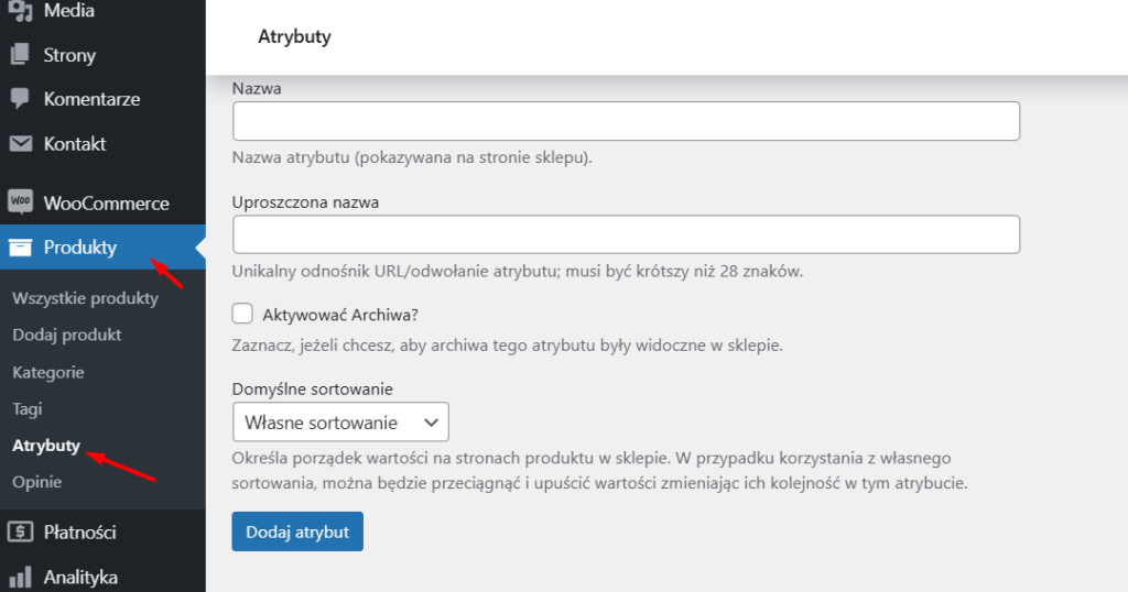 Atrybuty w woocommerce